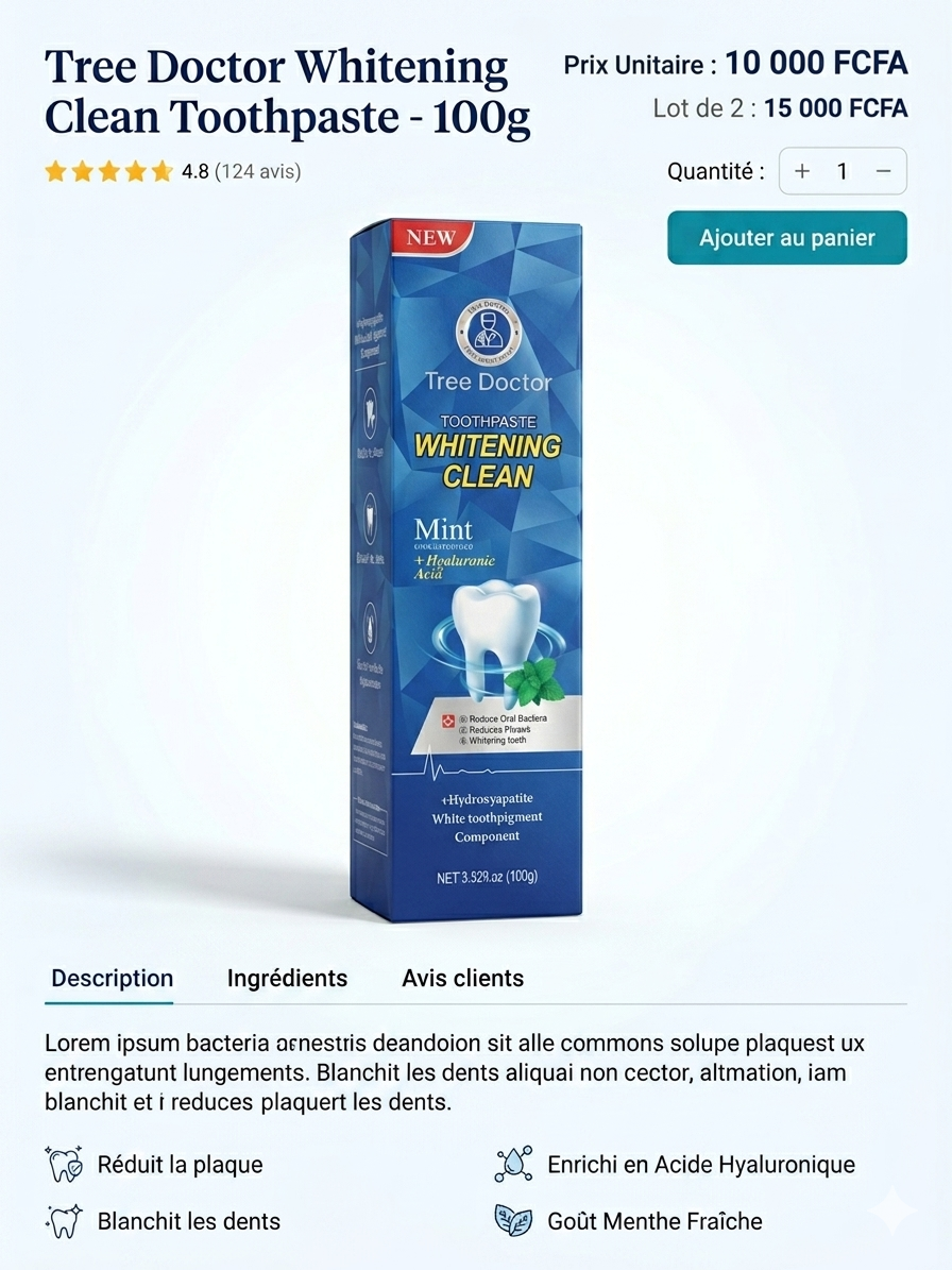 Dentifrice Blanchissant & Nettoyant (Whitening Clean) – 100g en quelque jour